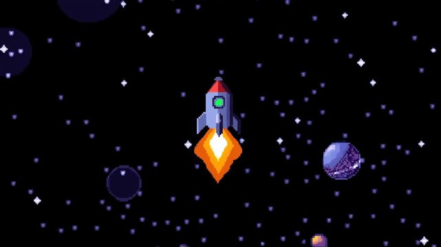 Tracking shot of pixel rocket ascending through starfield with planets in retro pixel art space background
