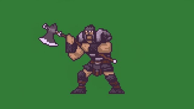 Static shot of pixel art barbarian character raising and swinging axe in idle loop on solid green background for game sprite animation