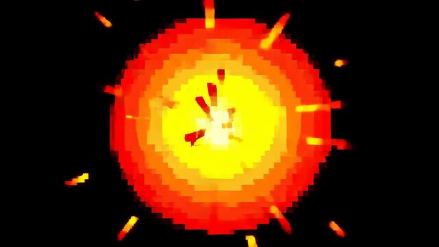 Static shot of pixel explosion expanding and emitting sparks against black background with radial glow animation and looping digital effect