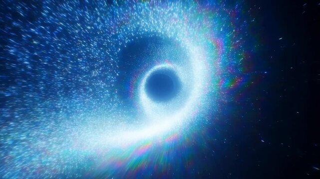 Tracking shot of glowing particle vortex spiraling around black hole in deep outer space with iridescent blue particles and luminous accretion ring