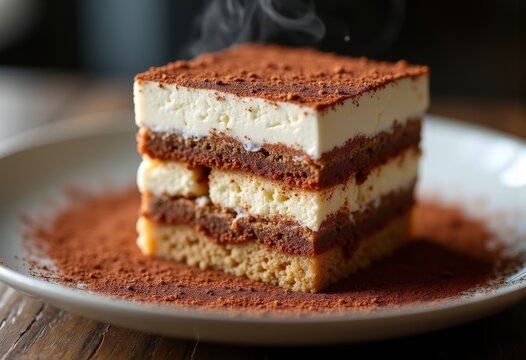 Cocoa-Dusted Tiramisu Layers in Glass Casserole with Elegant Coffee Flavors and Chocolate Garnish