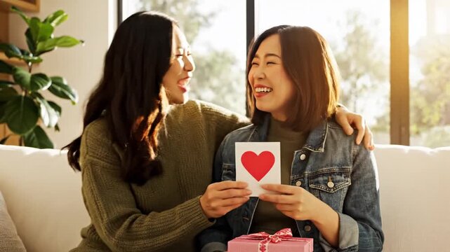 Happy Asian women exchanging gift and heart card on sofa