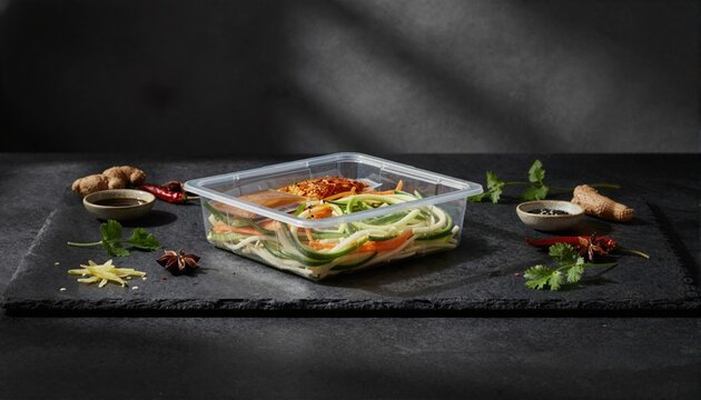 Gourmet veggie ramen noodles with chili crunch on dark slate