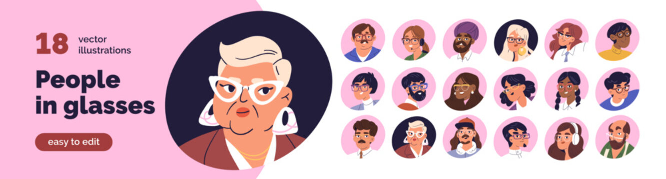 Head portraits of diverse people in glasses set. Men and women in spectacles, user profiles. Modern characters wearing eyeglasses, face avatars. Flat vector illustrations isolated on white background