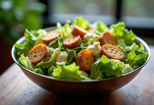 Crisp Caesar Salad Chilled Metal Bowl Crunchy Croutons Fresh Greens Gourmet Dish