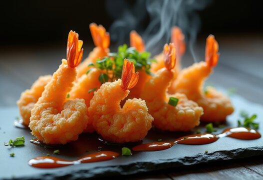 Crisp Golden Shrimp Tempura Garnished Lightly on Dark Slate Serving Surface Dipping Sauce Nearby