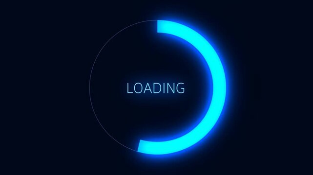 Static shot of circular loading indicator gradually filling and glowing on dark user interface screen center with neon blue progress ring