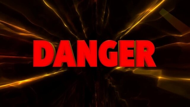Zooming tracking shot of bold red danger text pulsing and expanding with glowing rays against dark abstract background studio void