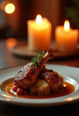 Obraz premium Crispy Duck Confit Glazed Skin Candlelit Bistro Ambiance Enveloped in Warm Glow