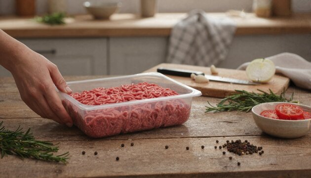 Hand reaching for fresh beef mince tray on dining table