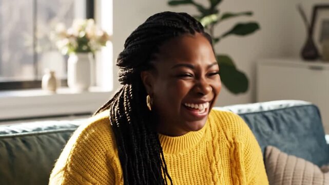 Happy Black woman in yellow sweater laughing on blue couch