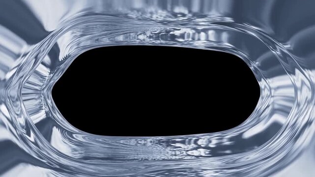 Tracking shot of liquid metal rippling around oval opening on reflective surface in studio close up abstract setting
