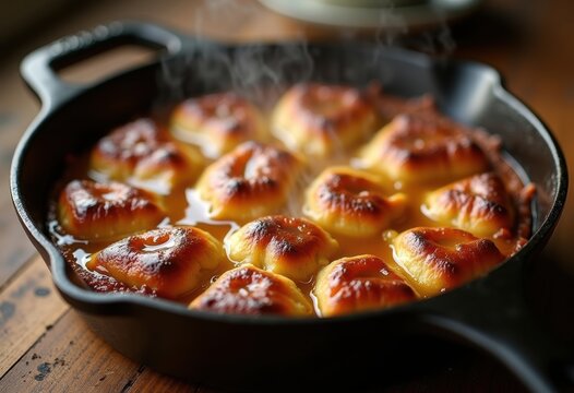 Decadent Caramel Drizzled Bread Pudding in Cast Iron Dish Heaped with Comforting Flavor