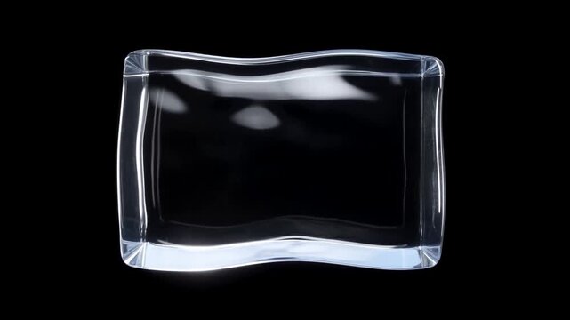 Slow motion close up of rectangular glass plate wobbling and tilting on black studio surface in static product showcase shot