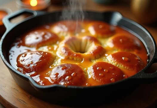 Decadent Cast Iron Bread Pudding Topped with Luscious Caramel Sauce Drizzling Over Silky Apartment Oven Texture