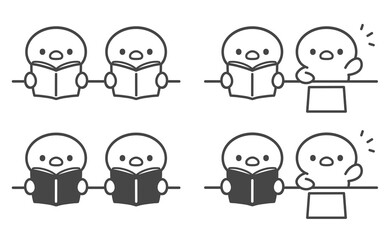 本を開くひよこと挙手するひよこの手書き線画イラストセット © Nitomaru