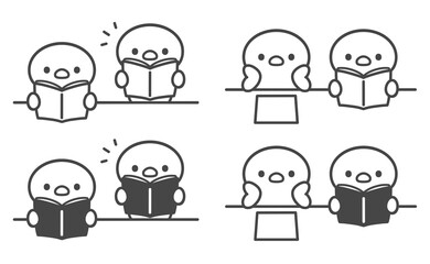 授業中のひよこの手書き線画イラストセット　頬杖をつく・読書・音読 © Nitomaru