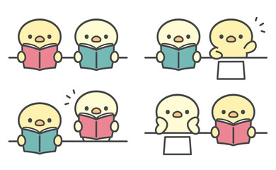 授業中のひよこの手書きイラストセット　頬杖をつく・読書・音読 © Nitomaru