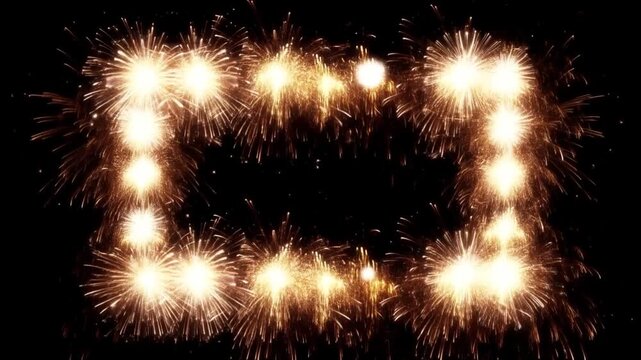 Static shot of fireworks bursts forming glowing rectangular frame in black night sky with golden sparks radiating and cascading outward