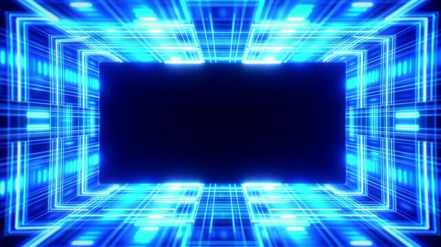 Tracking shot moving forward through glowing digital tunnel with neon grid panels in virtual interior corridor with symmetrical rectangular frame and pulsing blue lights