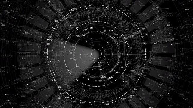 Sophisticated monochrome radar interface featuring complex data points and scanning motion. Ideal for industrial tech, forensic data analysis, and minimalist corporate visuals.