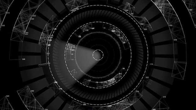 Monochrome 16:9 radar sonar interface with complex data points and scanning motion. Ideal for military technology, cyber security, and advanced aerospace navigation concepts.