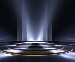 Fototapeta na wymiar A modern illuminated stage with tiered platforms and spotlight effects.