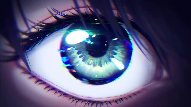 Slow push in close up of animated eye reflecting glitch lights with iris dilation and subtle blink in dark digital studio setting