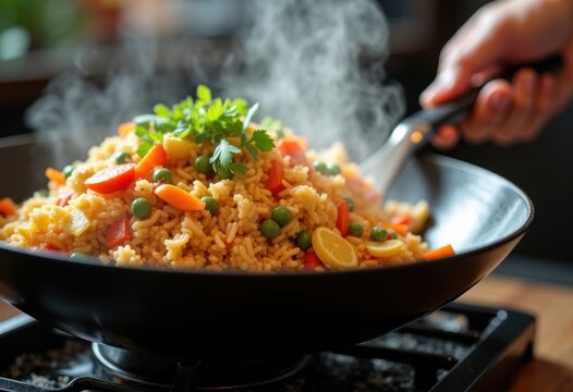 Dynamic Wok Fried Rice Stirred with Colorful Vegetables and Scrambled Egg in an Exciting Cooking Action