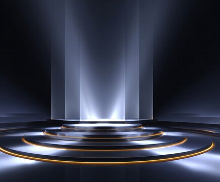 A modern illuminated stage with tiered platforms and spotlight effects.