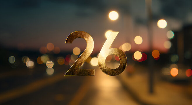Golden Number 26 with Bokeh Lights Background.
