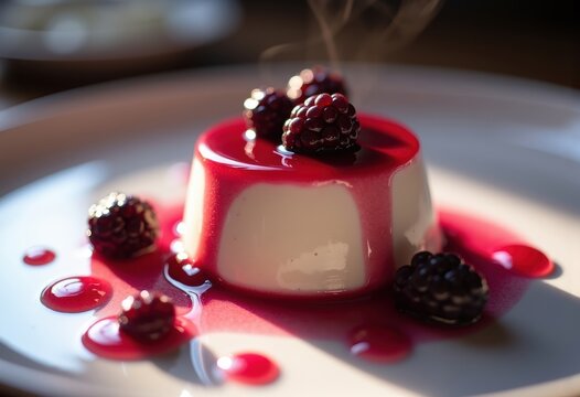 Elegant Panna Cotta with Berry Coulis on Reflective Dessert Surface