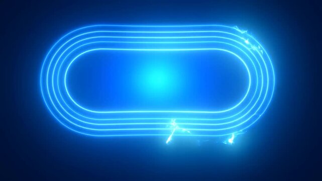 Slow motion closeup of glowing neon oval rings with electric arcs crawling around center on dark abstract digital studio background