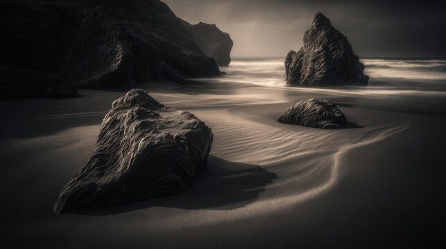 Rugged dark rocks emerge from the wet sand and gentle waves of a moody, atmospheric beach at dawn or dusk.