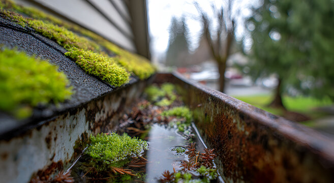 Moss and debris fill a neglected rain gutter on a residential home, indicating a need for cleaning and maintenance.