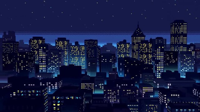 Panning slow tracking shot of city skyline with illuminated office windows and glowing rooftops across downtown nightscape under starry sky