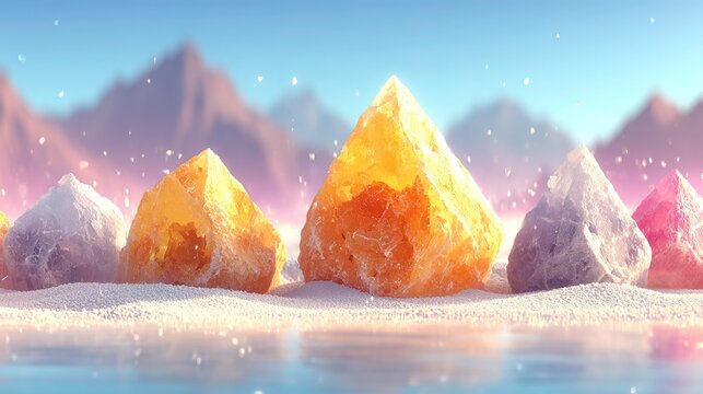 Graphic design photography, a series of sharp upward-pointing triangles in yellow and blue arranged in a row, creating a sense of rising motion. 