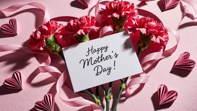 Happy Mother's Day greeting card with pink carnations and ribbons