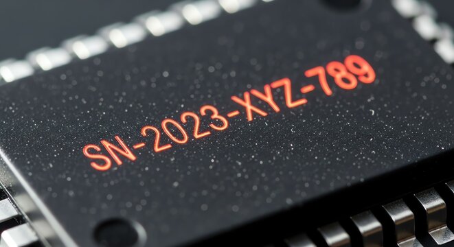 Close-up of a black electronic device with serial number label in orange text.
