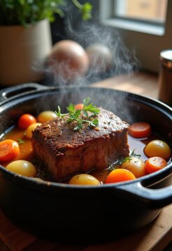 Flavorful Dutch Oven Pot Roast Slow-Cooked with Carrots Potatoes Rich Gravy Homey Comfort