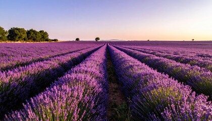 Fototapeta premium Vast Lavender Fields Blooming Under a Serene Evening Sky