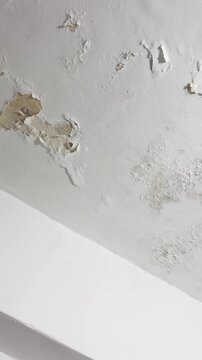 Cracked and peeling wall or ceiling due to moisture or wet pipe or leakage in bathroom house. Old roof needing repair and reconstruction renovation and imporvement. Neglected humidity problem drywall
