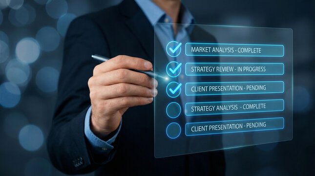 Businessman interacting with a digital checklist showing project progress, task completion, strategy execution, workflow management, productivity tracking, and business planning in a modern tech inter