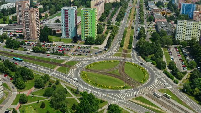 Aerial side drone shot around big road roundabout in ostrava city