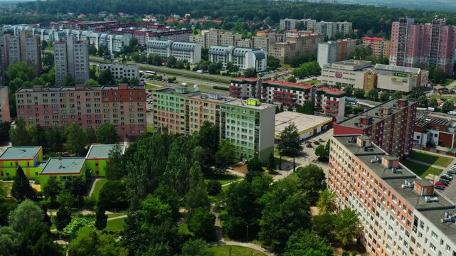 Aerial drone shot over housing estate with high buildings in ostrava city