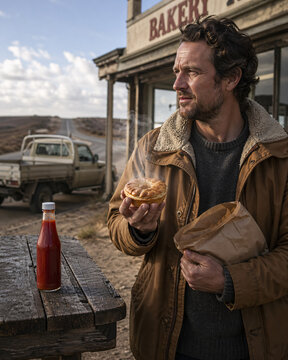 A man holding a meat pie outside a remote outback bakery beside a parked utility truck