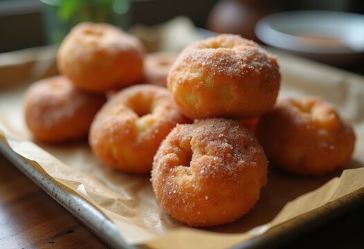 Golden Apple Fritters Infused with Cinnamon Sugar on Parchment-Lined Tray