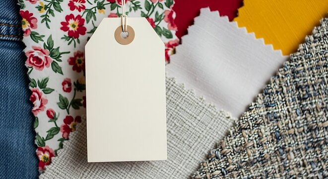 Blank label resting on collection of colorful textile swatches showing floral cotton weave and thick tweed wool textures for garment production and interior design projects for fashion industry