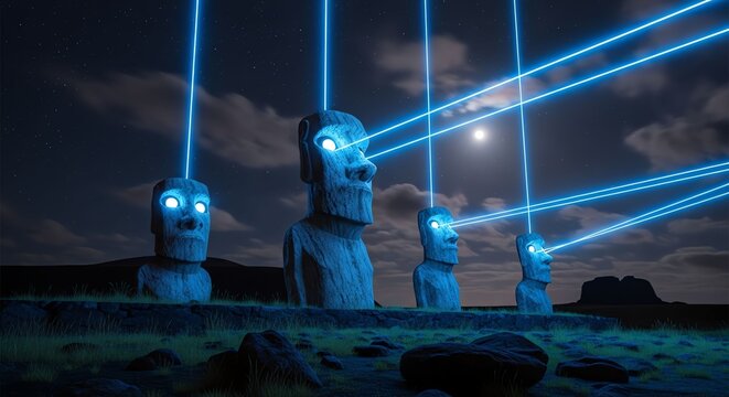 Futuristic Landscape Featuring Giant Moai Statues Illuminated by Blue Laser Beams at Night.