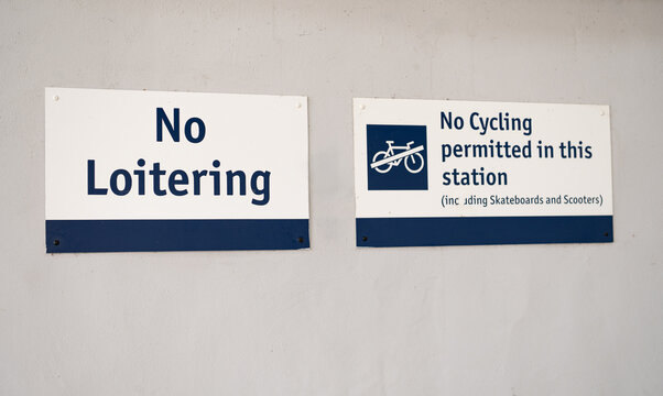 No Loitering and No Cycling Permitted Signs at Thurso Railway Station, Scottish Highlands,  Caithness,  Scotland, UK